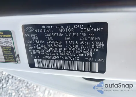 2022 Hyundai Palisade Se z USA, uszkodzony, nr VIN KM8R1DHE5NU478910